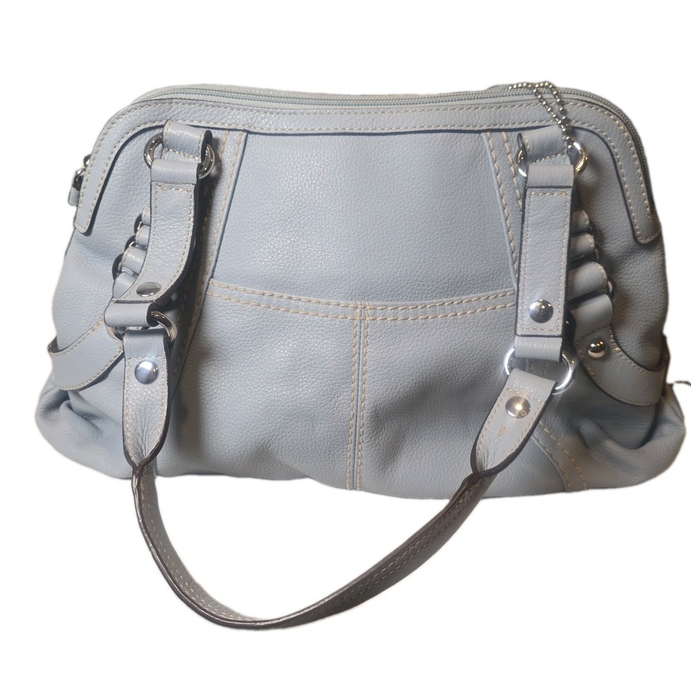 Clarks Light Blue Leather Satchel Shoulder Bag Paisley Lining Silver Hardware
